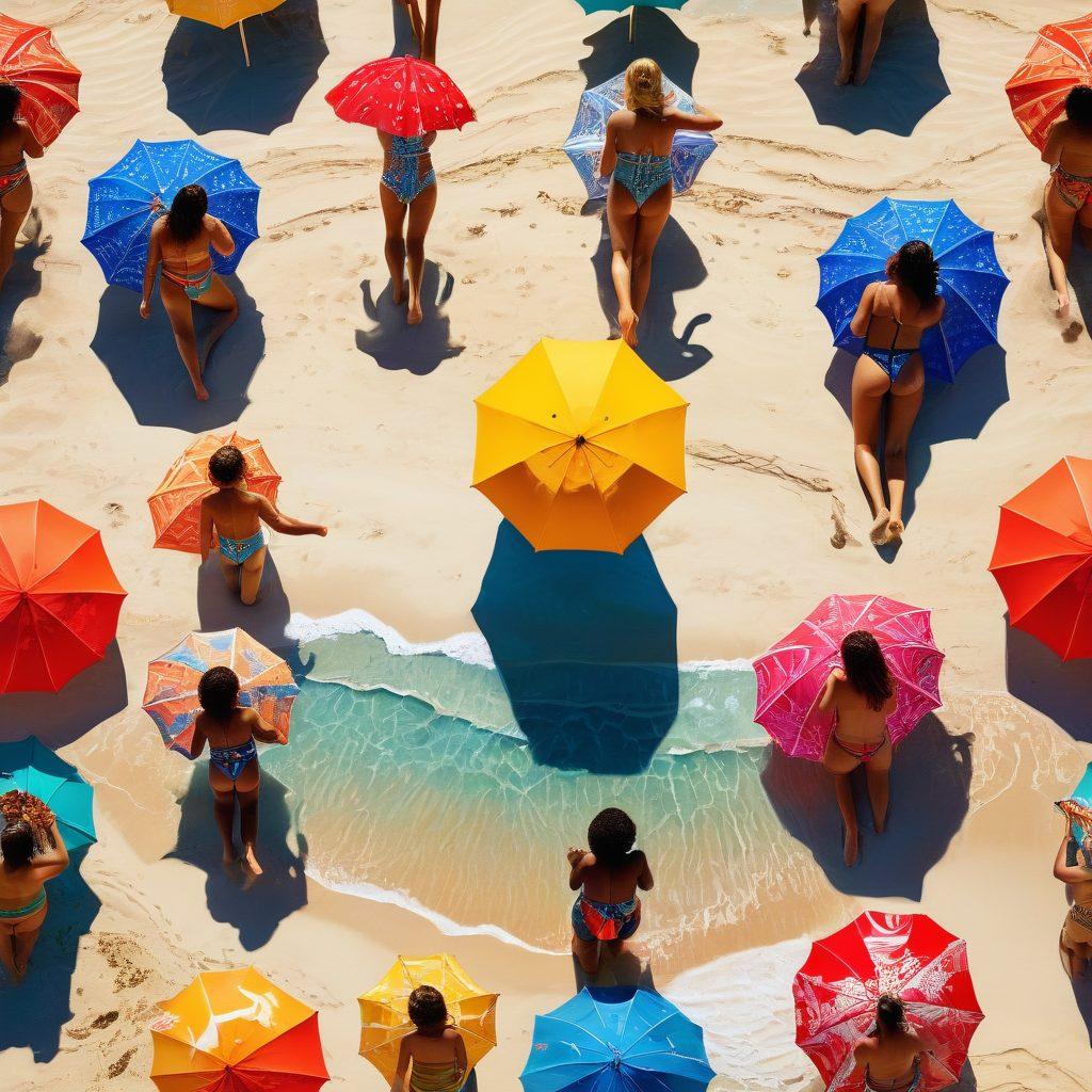 A dynamic beach scene showcasing a diverse group of people wearing stylish swim attire that blends traditional patterns with modern trends. Include vibrant beach umbrellas and clear blue waves in the background, highlighting the joy of beach life. Emphasize a sense of community and inclusivity among the beach lovers, capturing varying cultures represented in their swimwear. Bright sun and playful children building sandcastles add warmth to the atmosphere. super-realistic. vibrant colors.