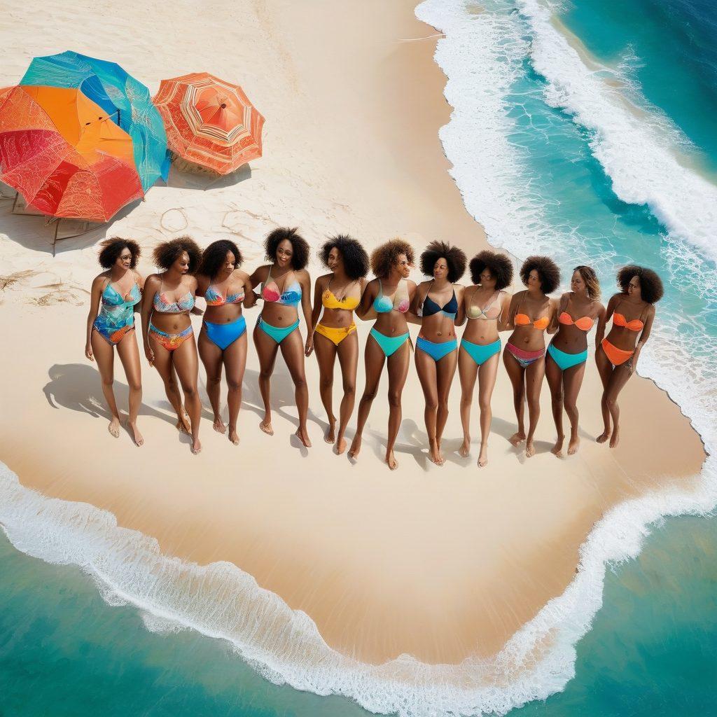 An artistic collage showcasing a diverse array of beachwear styles, featuring vibrant bikinis, elegant burkinis, and cultural swim attires against a sunny beach backdrop. Include a diverse group of women of different ethnicities modeling these outfits, with colorful beach umbrellas and ocean waves in the background. The overall atmosphere should feel joyful and inclusive, highlighting the beauty of choice in swimwear. vibrant colors. painting.